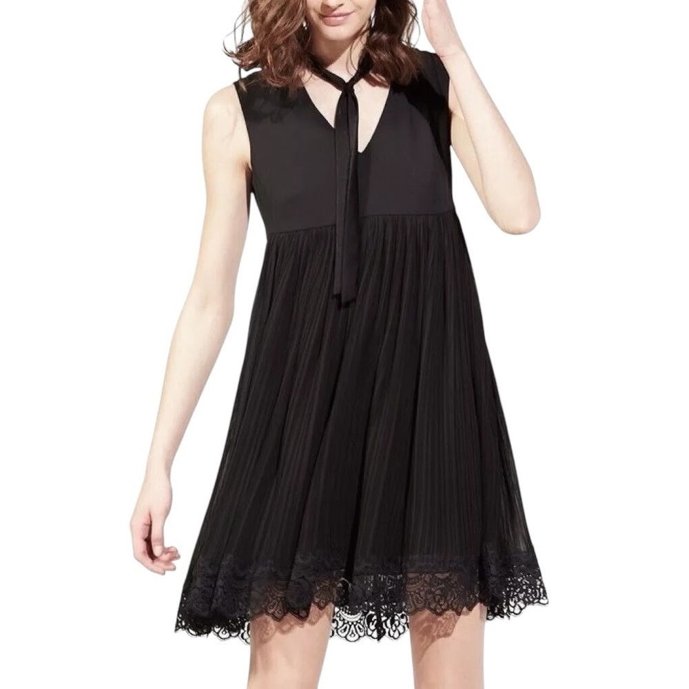Claudie Pierlot Babydoll Pleated Crepe Lace Trim Tie Dress Black Size 38 US 6